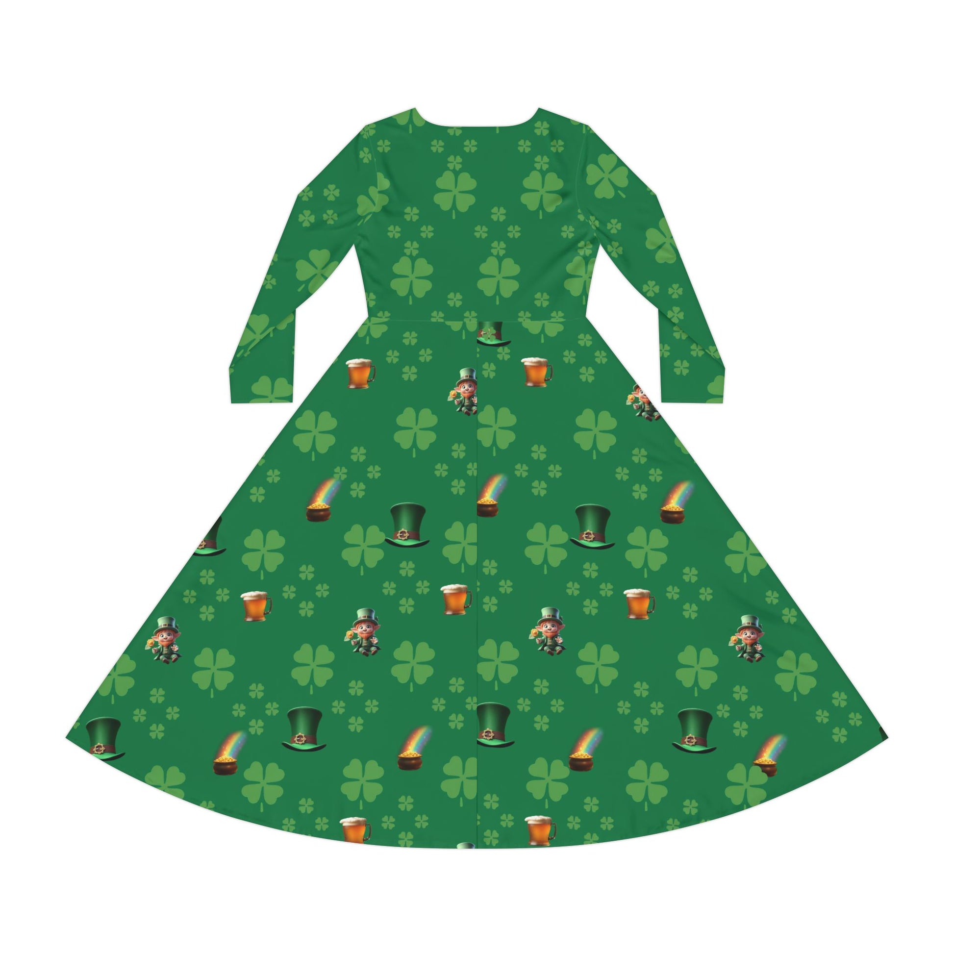 Dance Dress, St Patrick's Day Irish Lucky Charm Women's Long Sleeve, 4 Leaf Clover, Pot o' Gold, Leprechaun, Irish Beer Mug, Green Top Hat, - Printspirationz