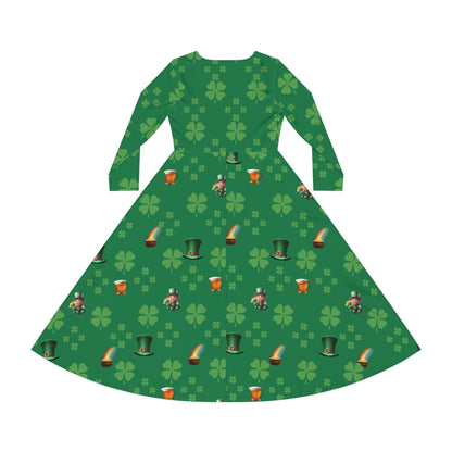 Dance Dress, St Patrick's Day Irish Lucky Charm Women's Long Sleeve, 4 Leaf Clover, Pot o' Gold, Leprechaun, Irish Beer Mug, Green Top Hat, - Printspirationz