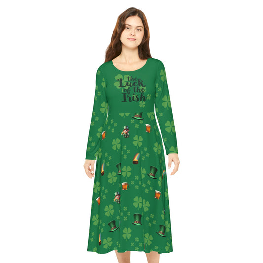 Dance Dress, St Patrick's Day Irish Lucky Charm Women's Long Sleeve, 4 Leaf Clover, Pot o' Gold, Leprechaun, Irish Beer Mug, Green Top Hat, - Printspirationz