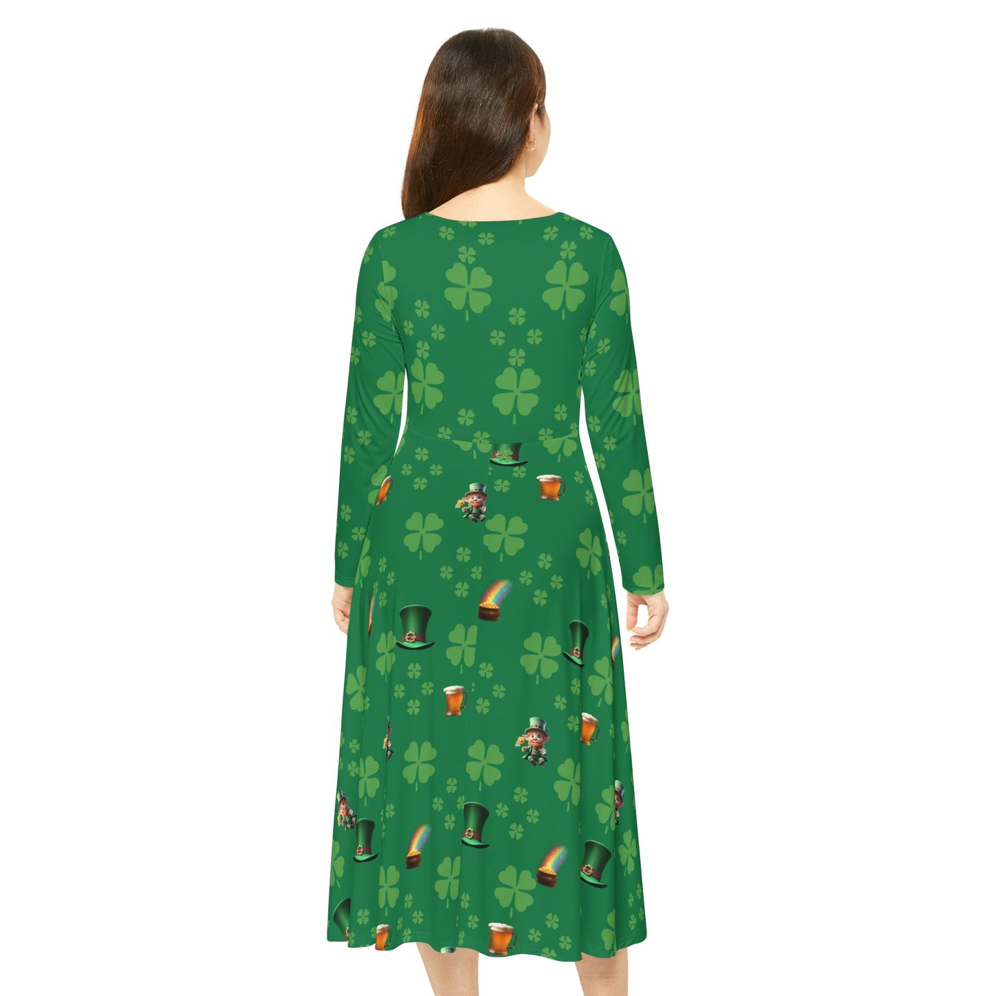 Dance Dress, St Patrick's Day Irish Lucky Charm Women's Long Sleeve, 4 Leaf Clover, Pot o' Gold, Leprechaun, Irish Beer Mug, Green Top Hat, - Printspirationz