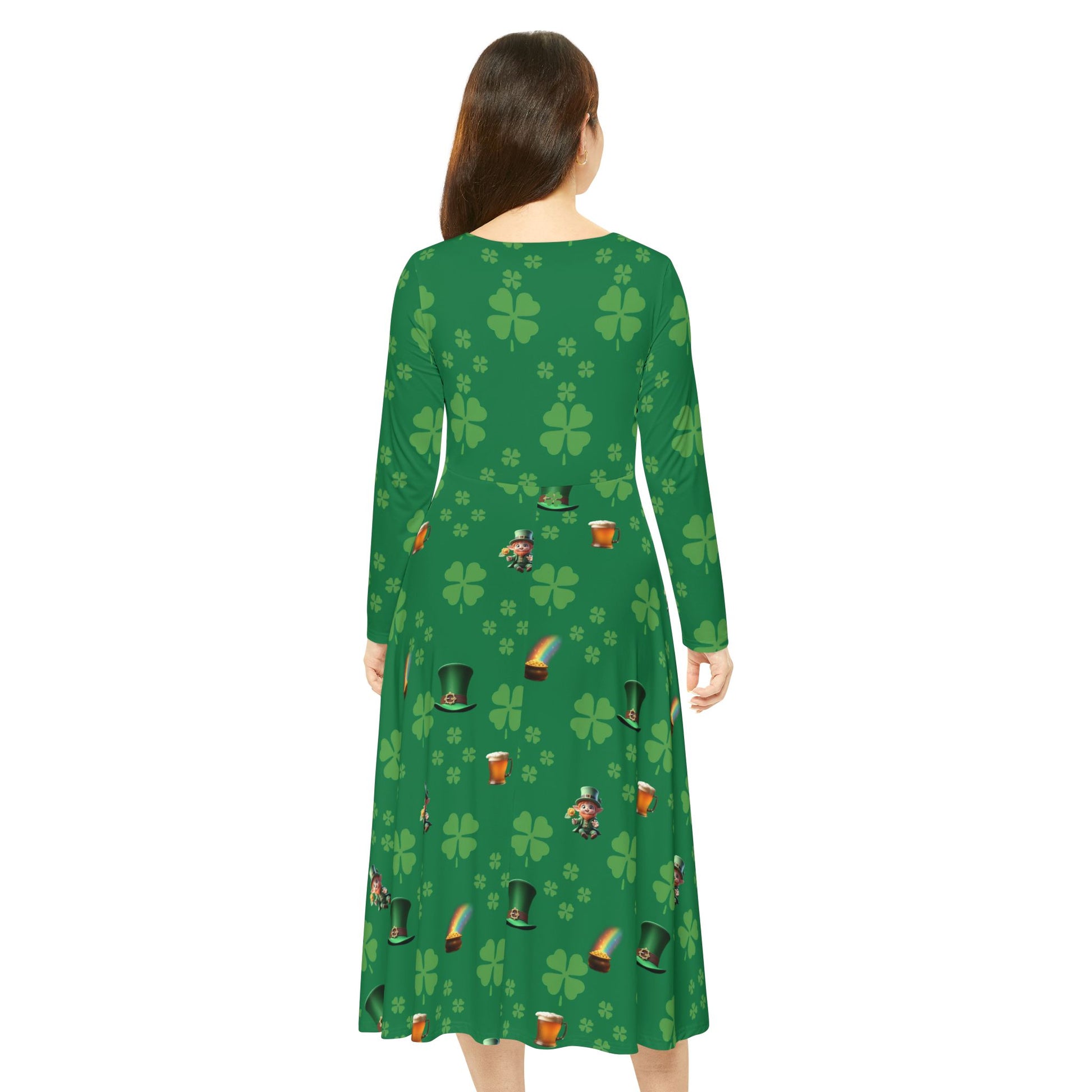 Dance Dress, St Patrick's Day Irish Lucky Charm Women's Long Sleeve, 4 Leaf Clover, Pot o' Gold, Leprechaun, Irish Beer Mug, Green Top Hat, - Printspirationz