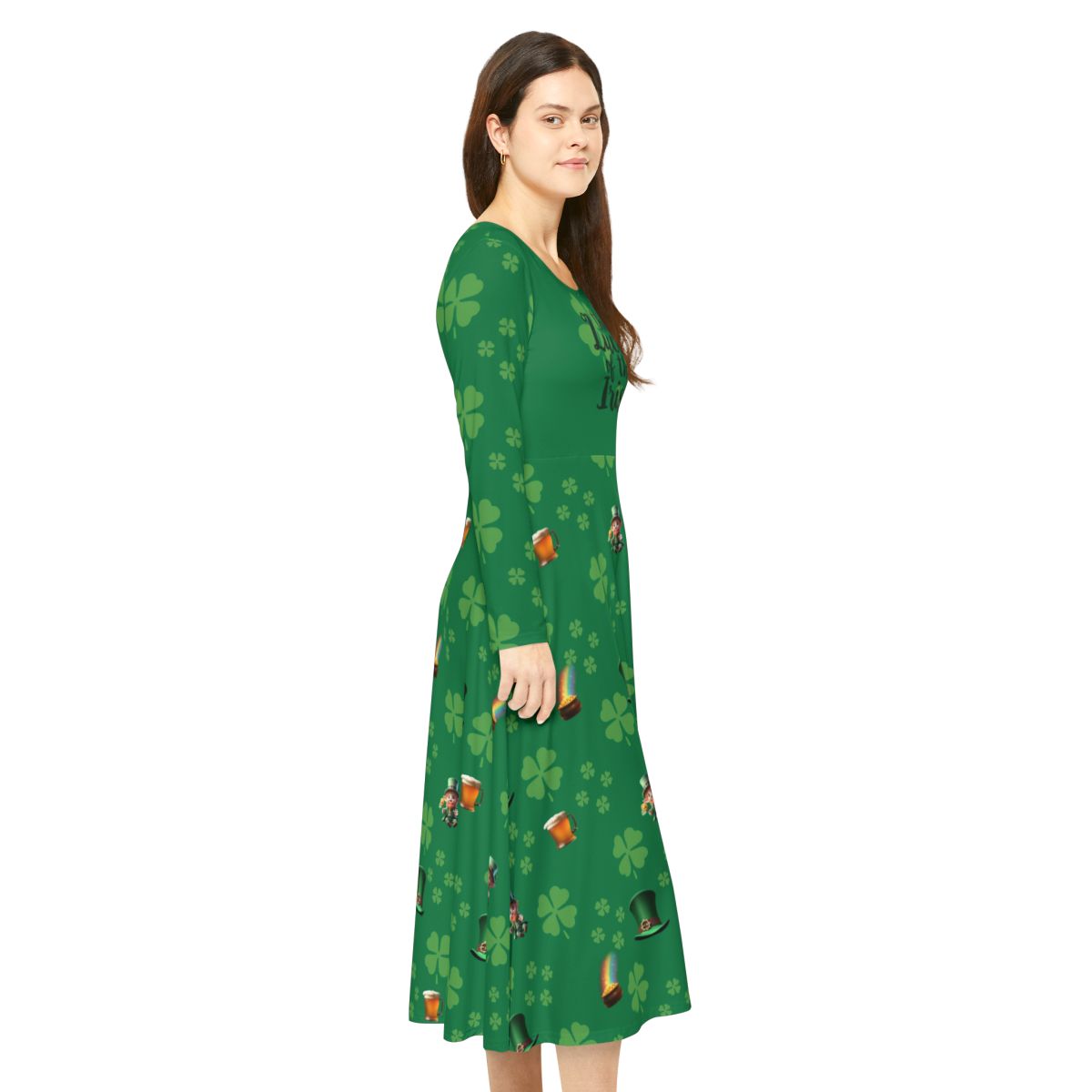 Dance Dress, St Patrick's Day Irish Lucky Charm Women's Long Sleeve, 4 Leaf Clover, Pot o' Gold, Leprechaun, Irish Beer Mug, Green Top Hat, - Printspirationz