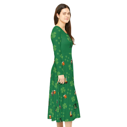 Dance Dress, St Patrick's Day Irish Lucky Charm Women's Long Sleeve, 4 Leaf Clover, Pot o' Gold, Leprechaun, Irish Beer Mug, Green Top Hat, - Printspirationz
