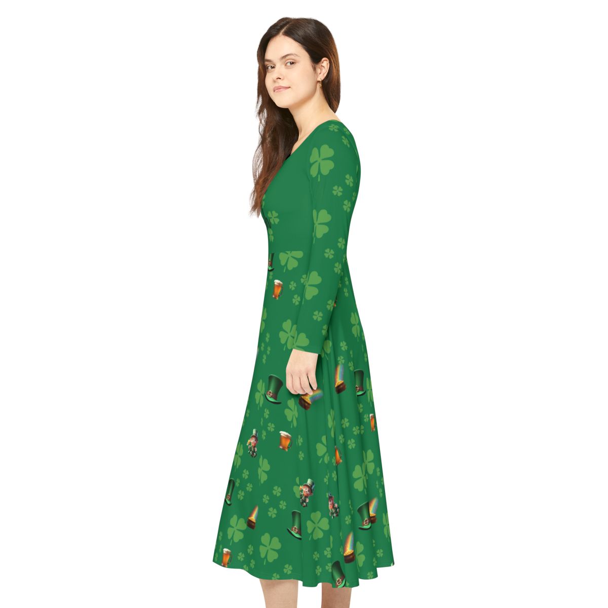 Dance Dress, St Patrick's Day Irish Lucky Charm Women's Long Sleeve, 4 Leaf Clover, Pot o' Gold, Leprechaun, Irish Beer Mug, Green Top Hat, - Printspirationz