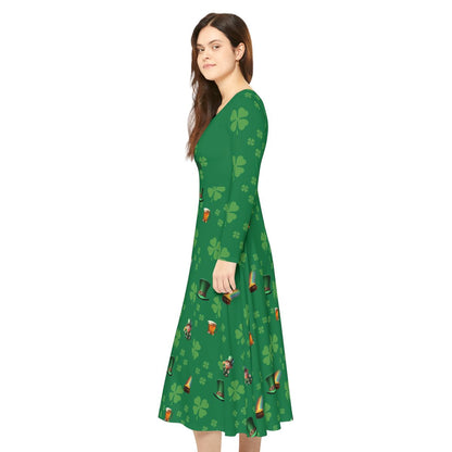 Dance Dress, St Patrick's Day Irish Lucky Charm Women's Long Sleeve, 4 Leaf Clover, Pot o' Gold, Leprechaun, Irish Beer Mug, Green Top Hat, - Printspirationz