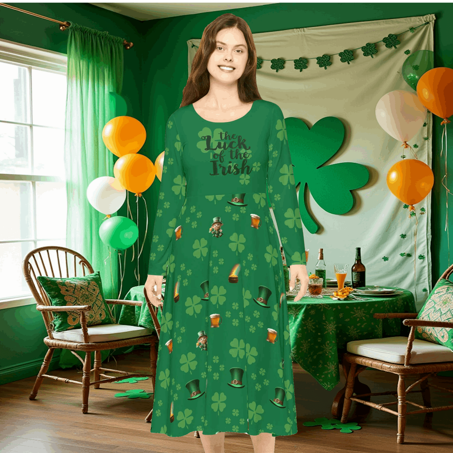 Dance Dress, St Patrick's Day Irish Lucky Charm Women's Long Sleeve, 4 Leaf Clover, Pot o' Gold, Leprechaun, Irish Beer Mug, Green Top Hat,