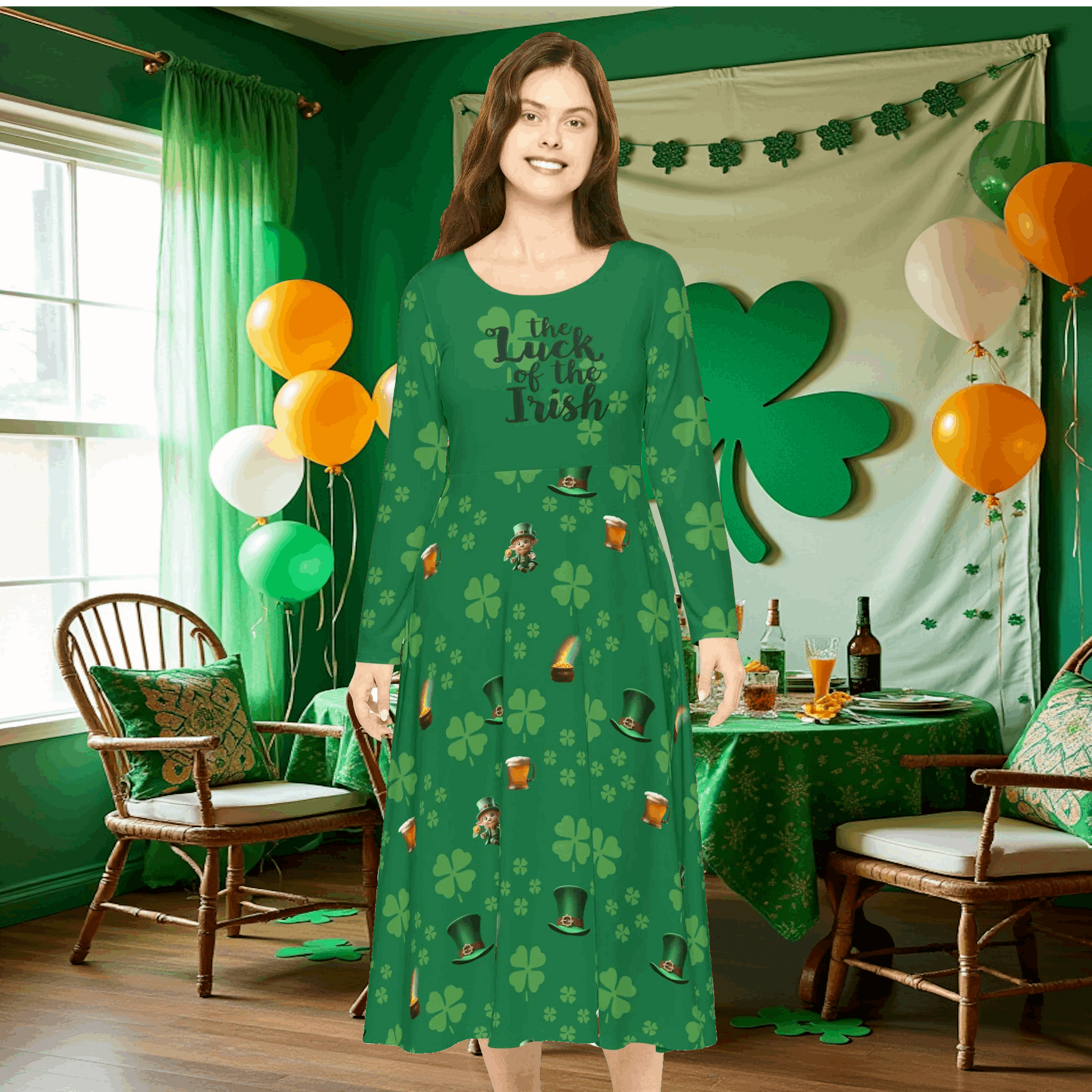 Dance Dress, St Patrick's Day Irish Lucky Charm Women's Long Sleeve, 4 Leaf Clover, Pot o' Gold, Leprechaun, Irish Beer Mug, Green Top Hat,