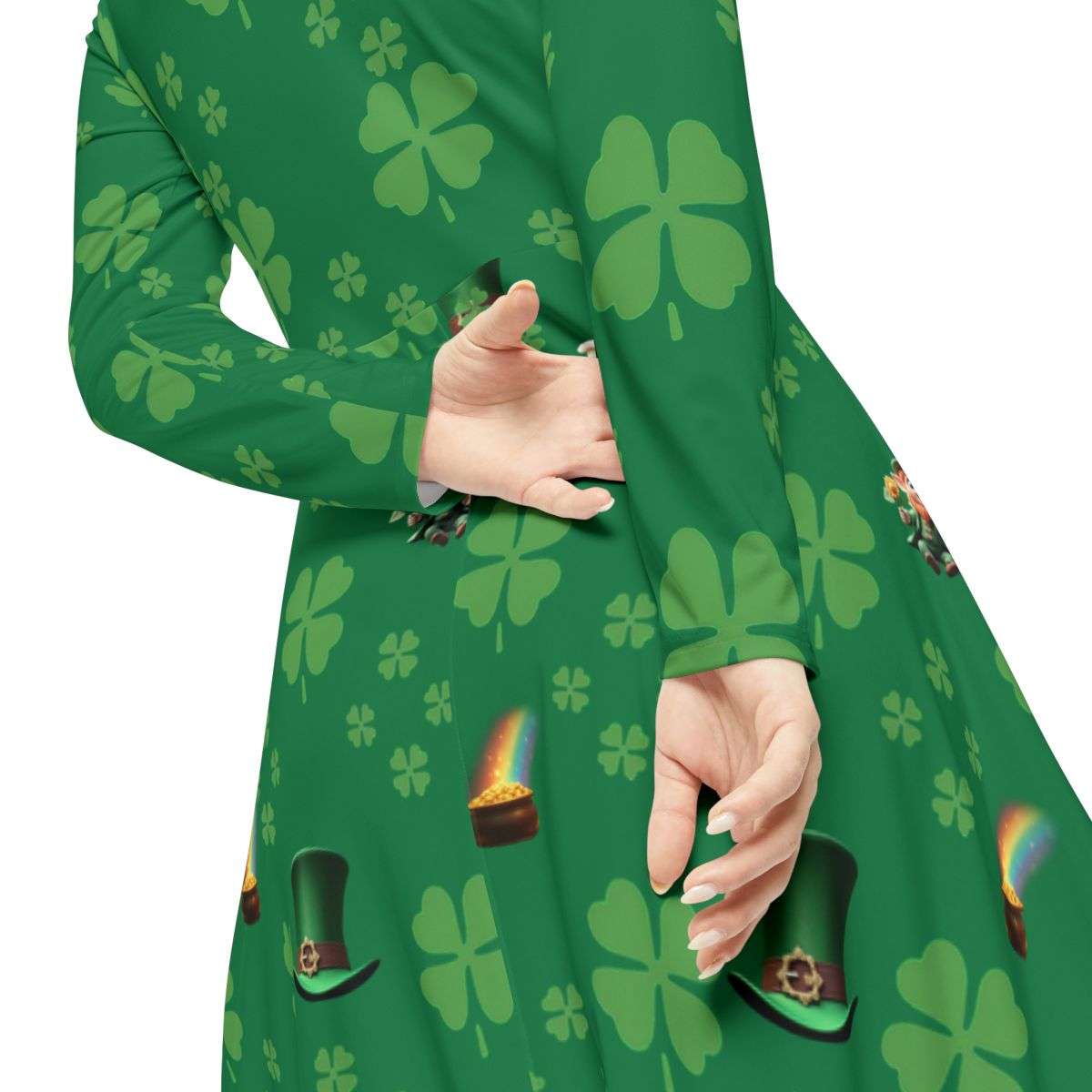 Dance Dress, St Patrick's Day Irish Lucky Charm Women's Long Sleeve, 4 Leaf Clover, Pot o' Gold, Leprechaun, Irish Beer Mug, Green Top Hat,