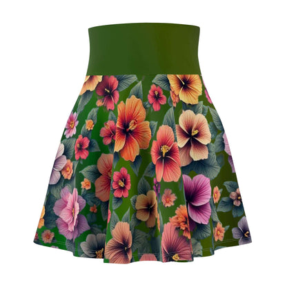 Floral Hibiscus Skater Skirt, Women's Fashion Apparel, Summer Green Floral Mini Skirt, Hawaiian Flower Print Clothing, Gardening Gift for