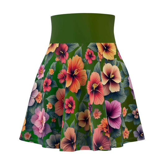 Floral Hibiscus Skater Skirt, Women's Fashion Apparel, Summer Green Floral Mini Skirt, Hawaiian Flower Print Clothing, Gardening Gift for