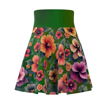 Floral Hibiscus Skater Skirt, Women's Fashion Apparel, Summer Green Floral Mini Skirt, Hawaiian Flower Print Clothing, Gardening Gift for