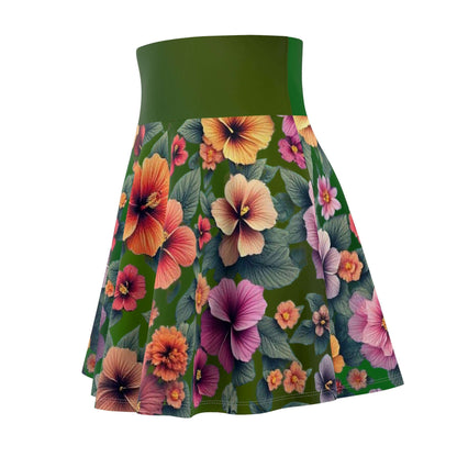 Floral Hibiscus Skater Skirt, Women's Fashion Apparel, Summer Green Floral Mini Skirt, Hawaiian Flower Print Clothing, Gardening Gift for
