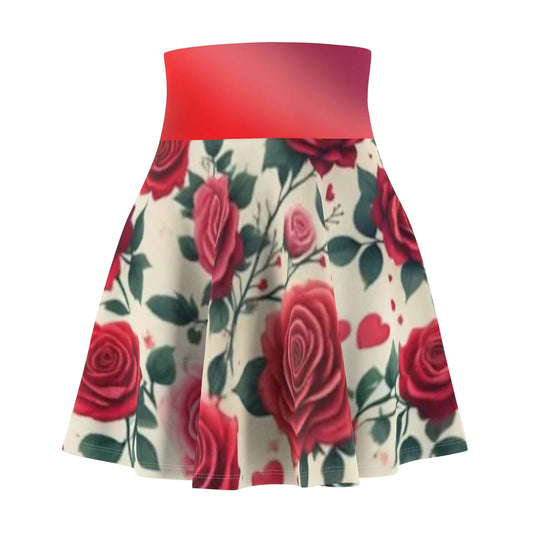 Skater Skirt, Red Roses Pattern, Floral Printed Women's Clothing, Fashionable A-Line Skirt, Romantic Gift for Her, Trendy Rose Design