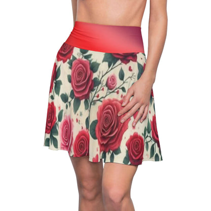 Skater Skirt, Red Roses Pattern, Floral Printed Women's Clothing, Fashionable A-Line Skirt, Romantic Gift for Her, Trendy Rose Design