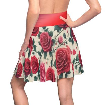 Skater Skirt, Red Roses Pattern, Floral Printed Women's Clothing, Fashionable A-Line Skirt, Romantic Gift for Her, Trendy Rose Design