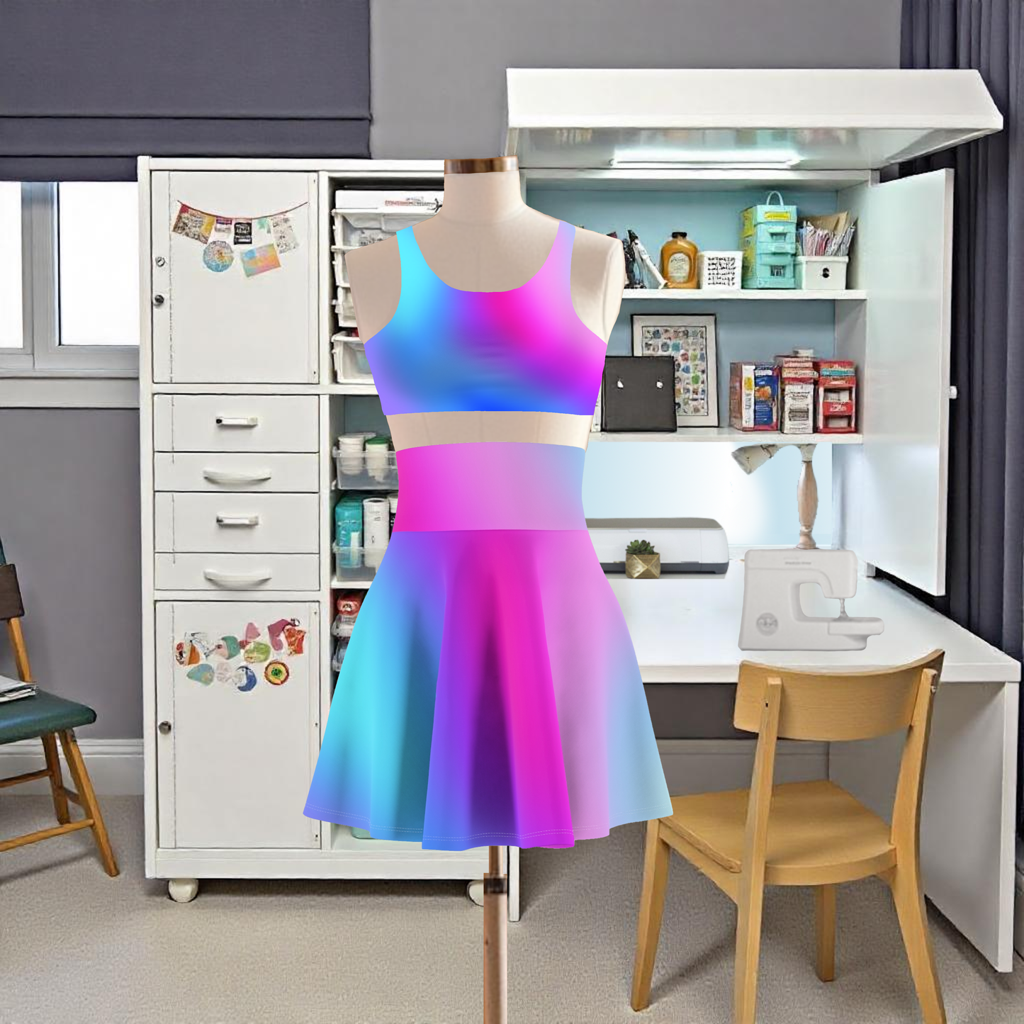 Blue and Purple Ombre Skater Skirt - Custom Gradient Design for Trendy Looks Flirty, Soft, and Playful, Look, Custom Multicolored Gradient, Women's Skater Skirt Design - Printspirationz