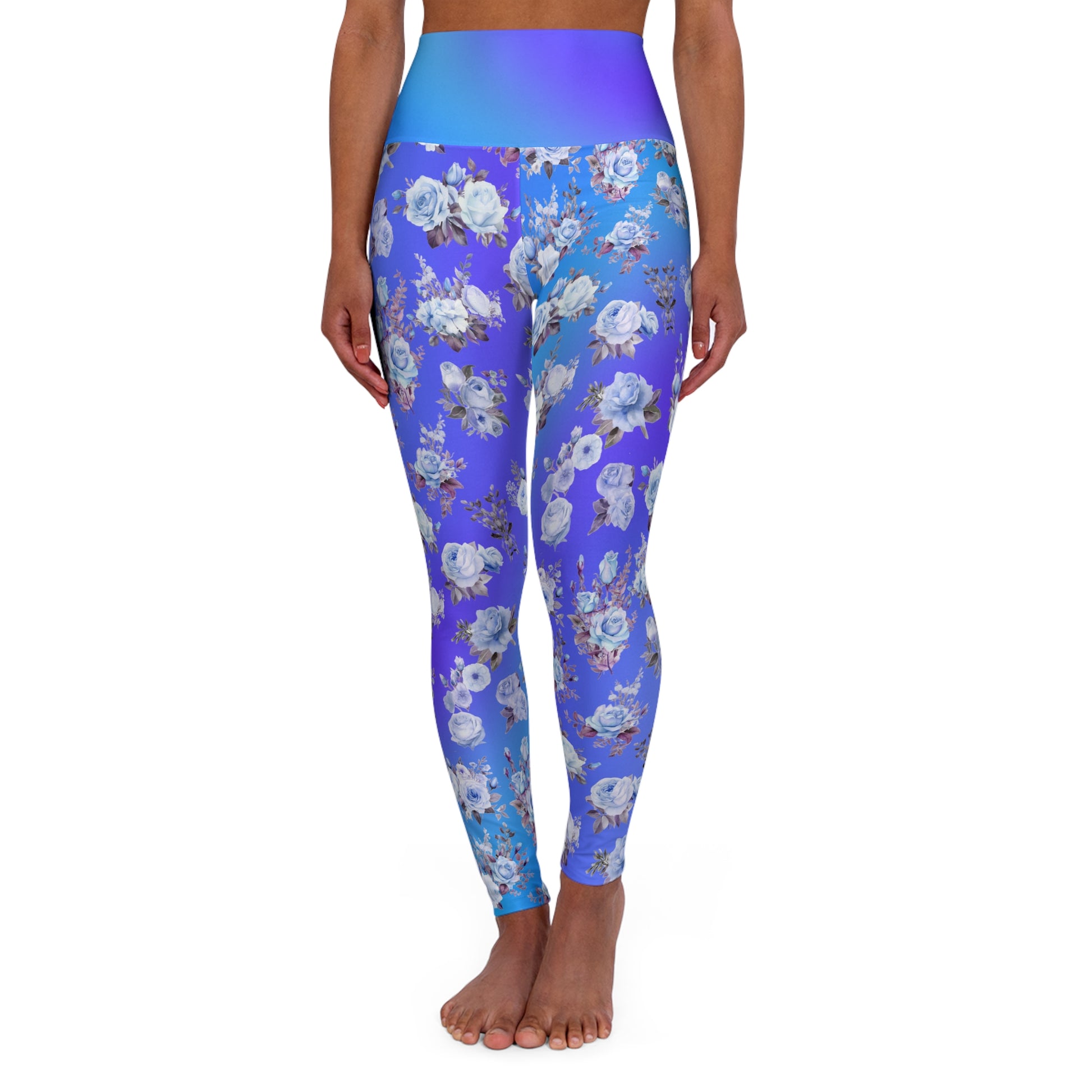 Blue Floral High Waist Leggings - Stylish Activewear on Blue Gradient Background - Printspirationz