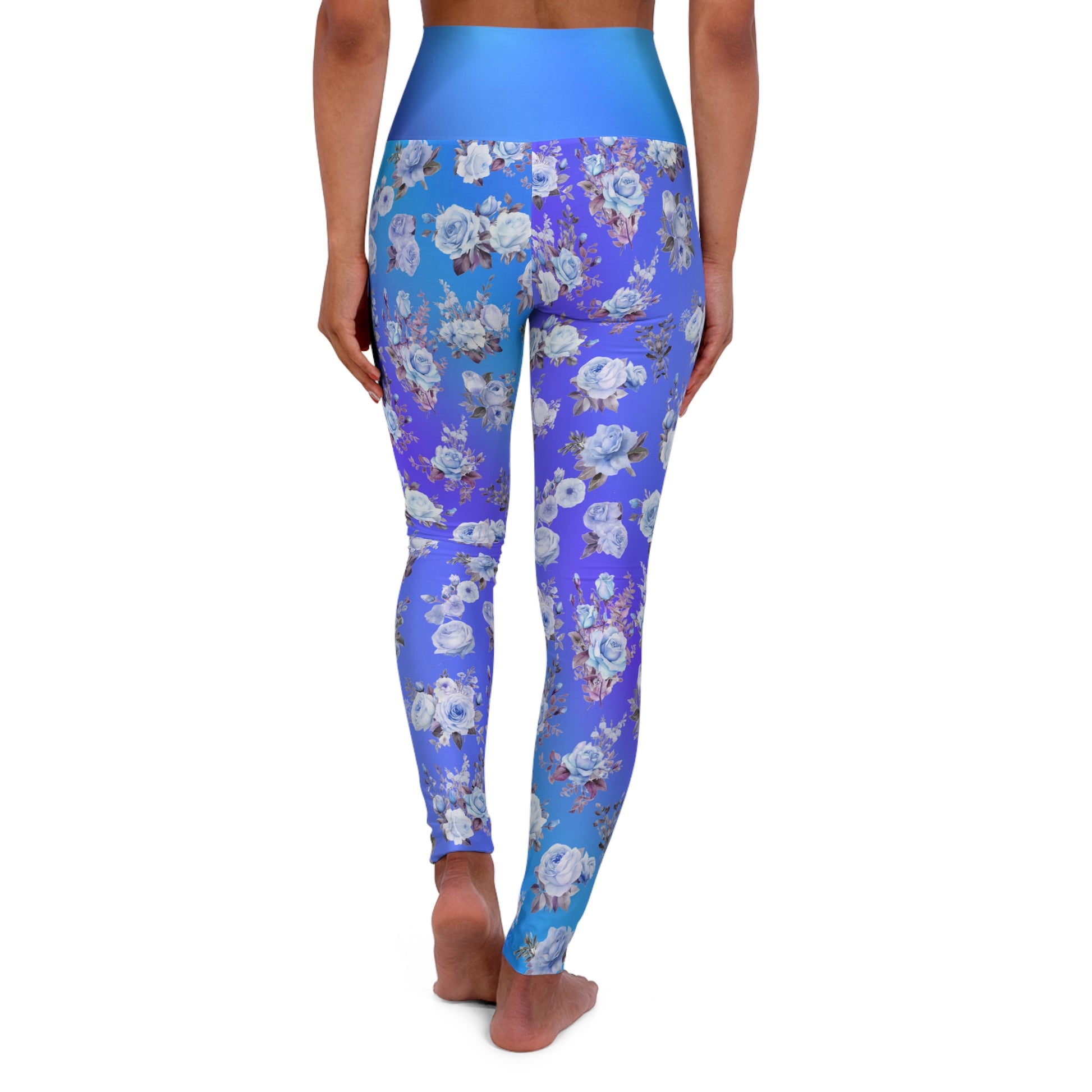 Blue Floral High Waist Leggings - Stylish Activewear on Blue Gradient Background - Printspirationz