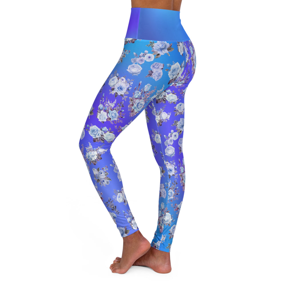 Blue Floral High Waist Leggings - Stylish Activewear on Blue Gradient Background