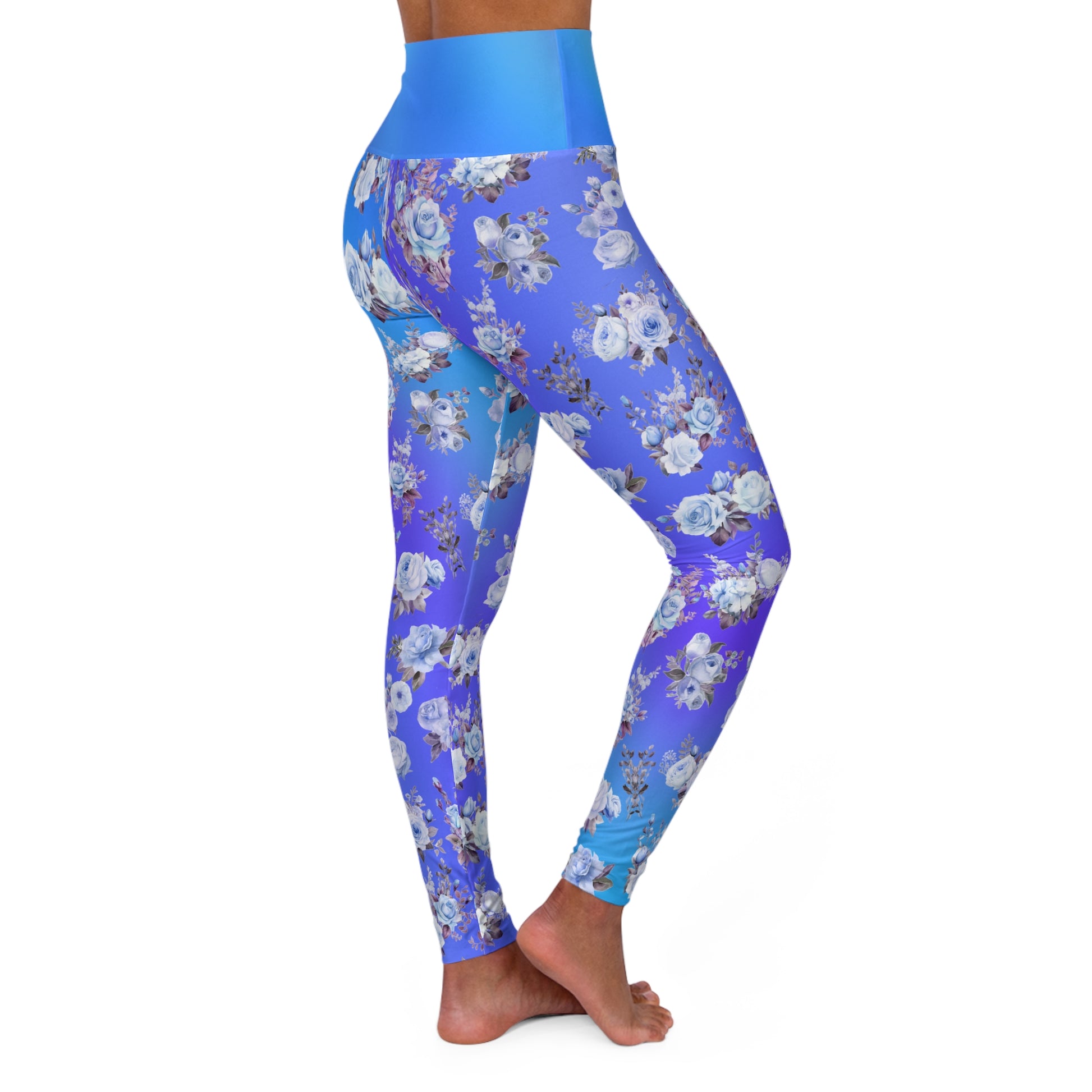 Blue Floral High Waist Leggings - Stylish Activewear on Blue Gradient Background - Printspirationz