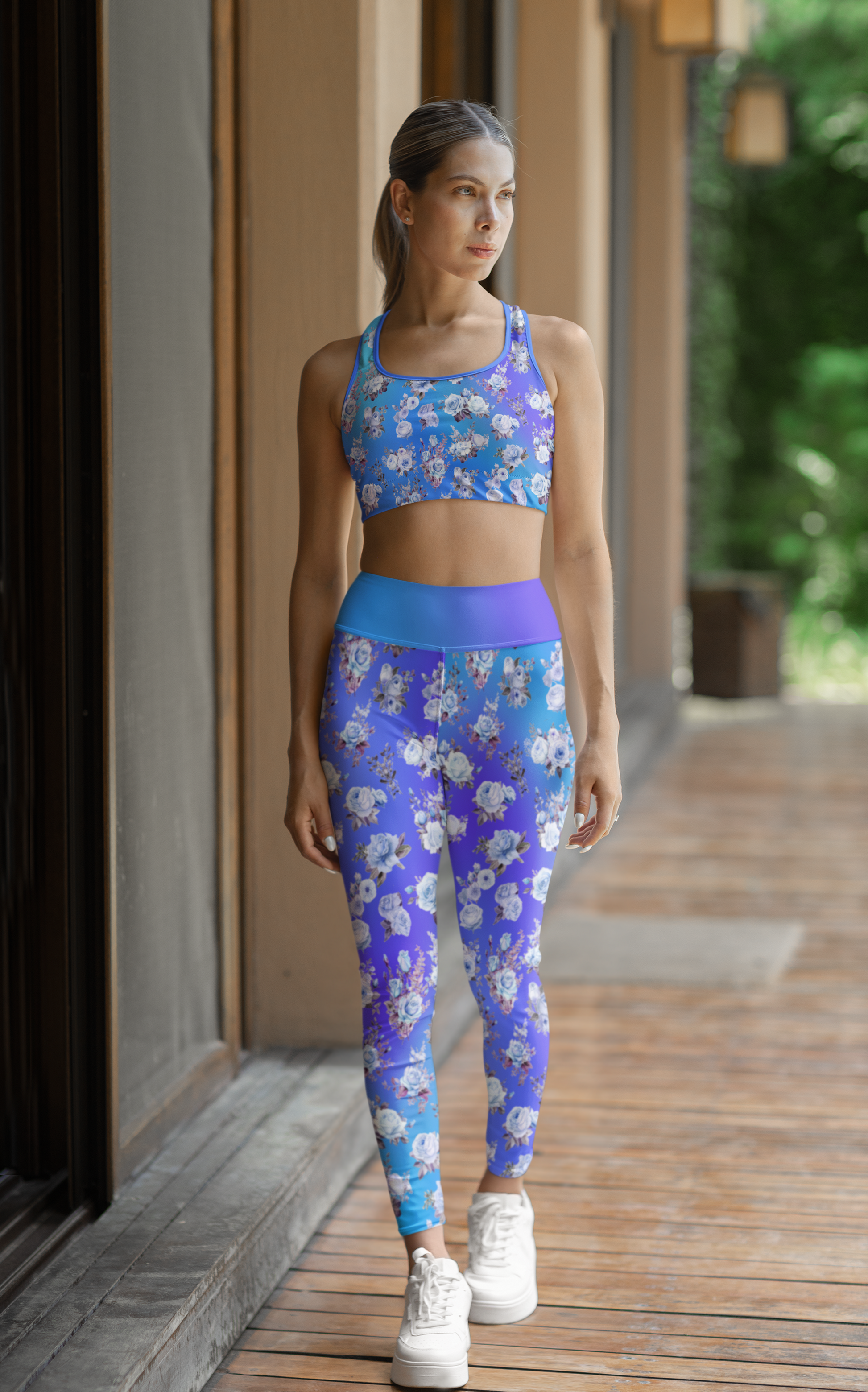 Blue Floral High Waist Leggings - Stylish Activewear on Blue Gradient Background - Printspirationz