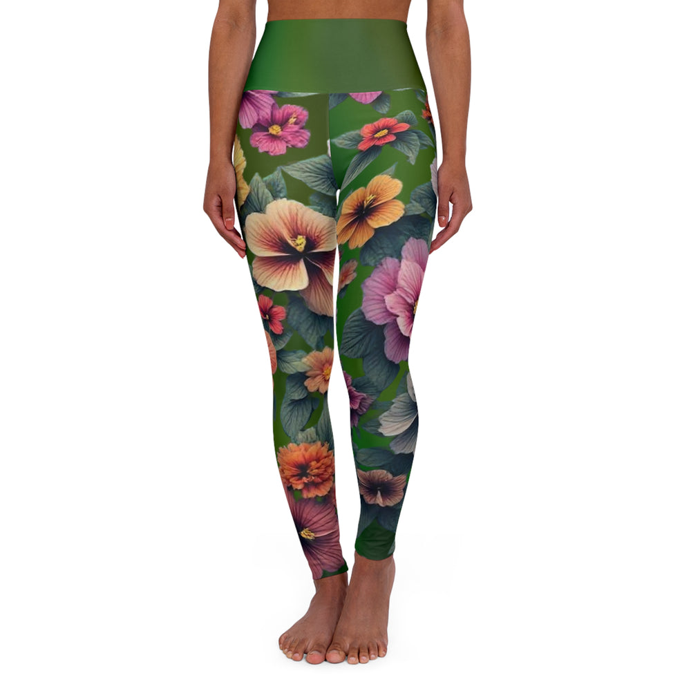 Floral Yoga Leggings, Green Gradient Workout Pants, Botanical Print Athletic Leggings, High Waisted Yoga Tights, Spring Flowers Pilates