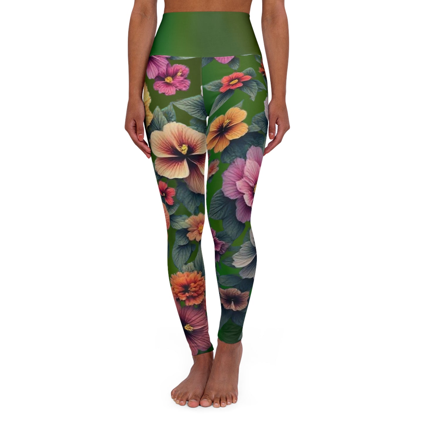 Floral Yoga Leggings, Green Gradient Workout Pants, Botanical Print Athletic Leggings, High Waisted Yoga Tights, Spring Flowers Pilates - Printspirationz