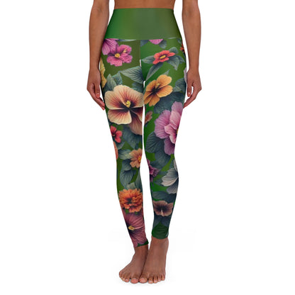 Floral Yoga Leggings, Green Gradient Workout Pants, Botanical Print Athletic Leggings, High Waisted Yoga Tights, Spring Flowers Pilates - Printspirationz