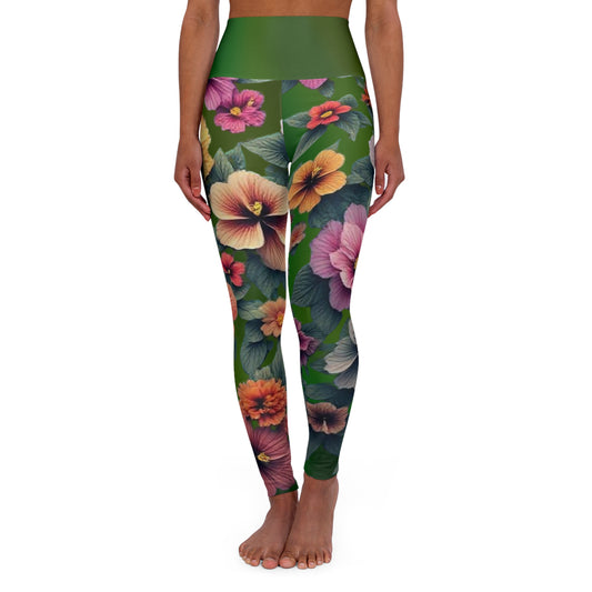 Floral Yoga Leggings, Green Gradient Workout Pants, Botanical Print Athletic Leggings, High Waisted Yoga Tights, Spring Flowers Pilates - Printspirationz