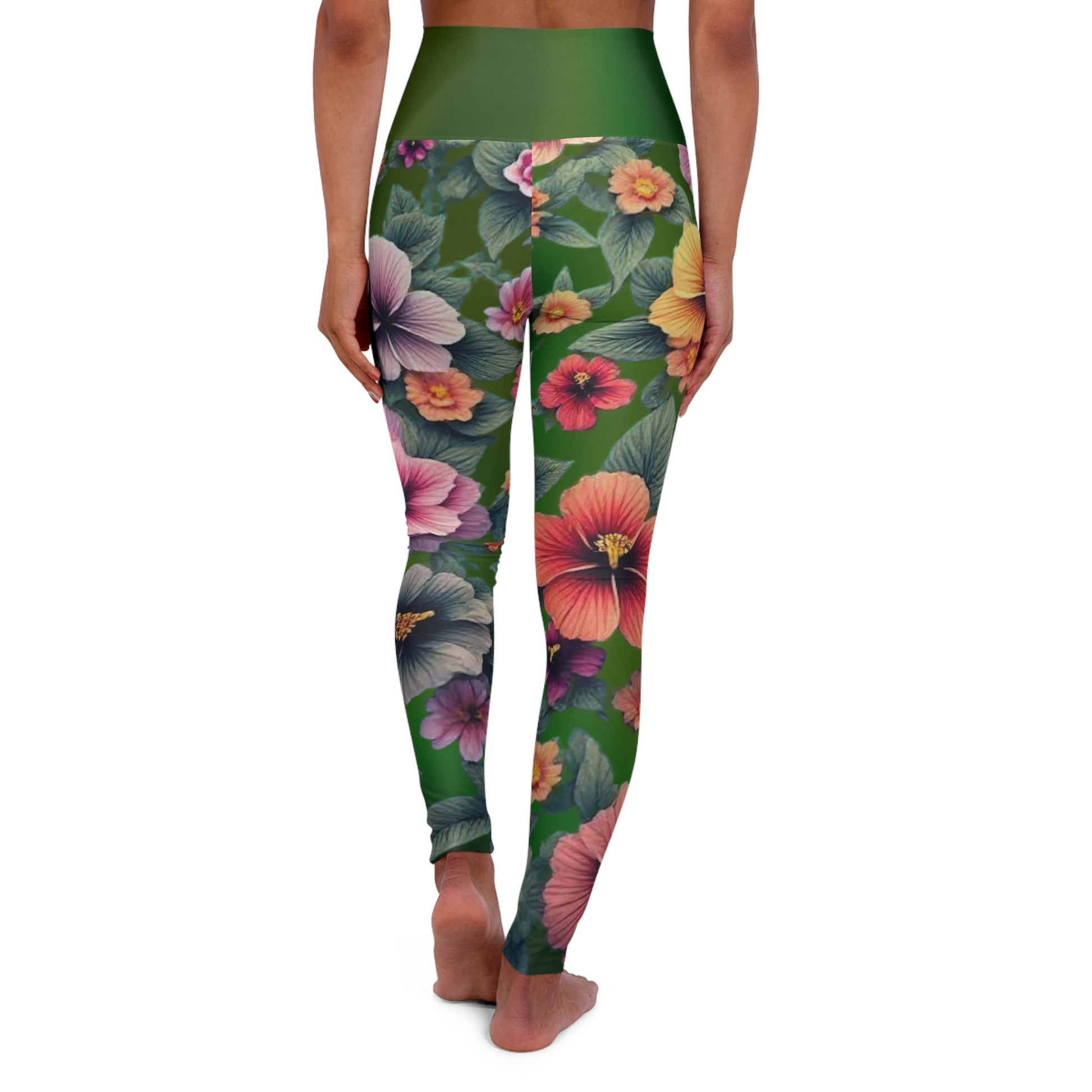 Floral Yoga Leggings, Green Gradient Workout Pants, Botanical Print Athletic Leggings, High Waisted Yoga Tights, Spring Flowers Pilates - Printspirationz