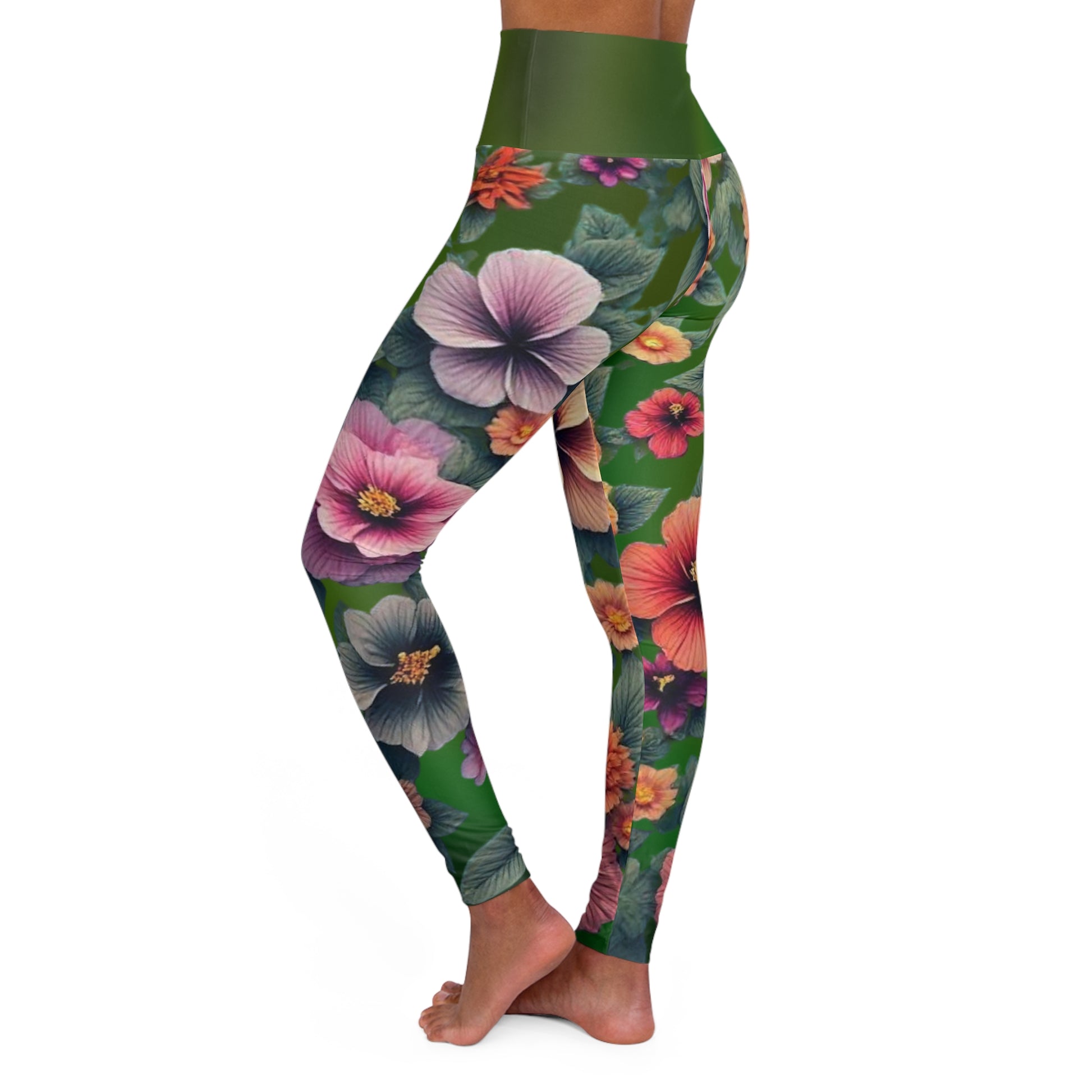 Floral Yoga Leggings, Green Gradient Workout Pants, Botanical Print Athletic Leggings, High Waisted Yoga Tights, Spring Flowers Pilates - Printspirationz