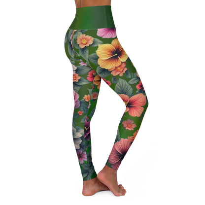 Floral Yoga Leggings, Green Gradient Workout Pants, Botanical Print Athletic Leggings, High Waisted Yoga Tights, Spring Flowers Pilates - Printspirationz