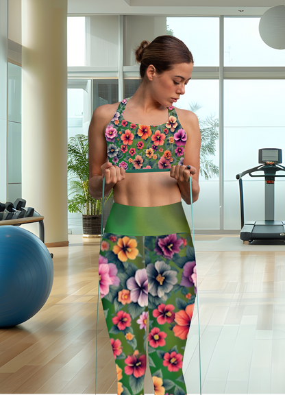 Floral Yoga Leggings, Green Gradient Workout Pants, Botanical Print Athletic Leggings, High Waisted Yoga Tights, Spring Flowers Pilates - Printspirationz