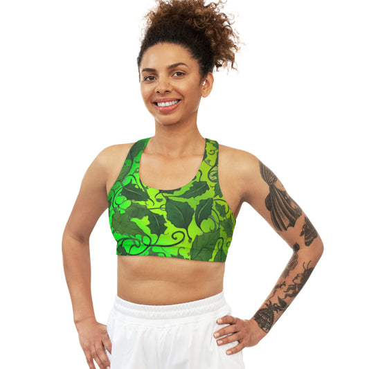 Green Vine Leaves Seamless Sports Bra, Comfortable Workout Bra, Leaf Print Yoga Top, Active Wear, Fitness Clothing - Printspirationz