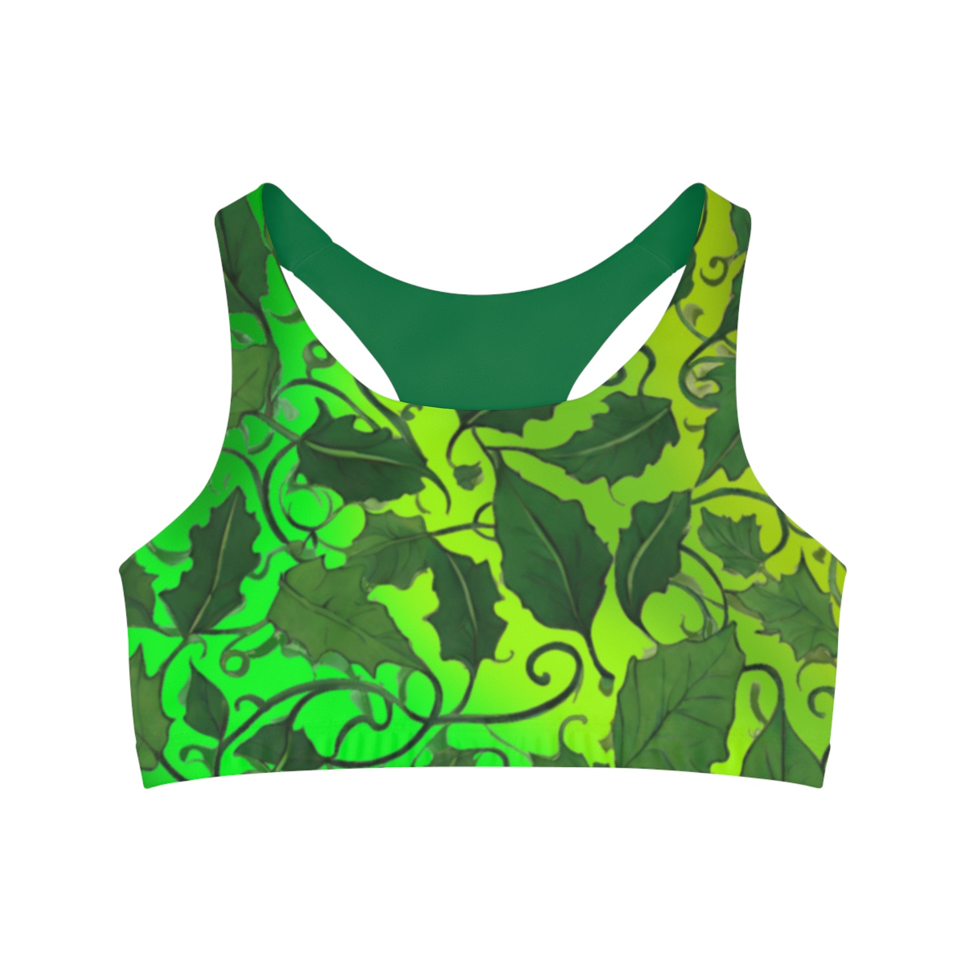 Green Vine Leaves Seamless Sports Bra, Comfortable Workout Bra, Leaf Print Yoga Top, Active Wear, Fitness Clothing - Printspirationz