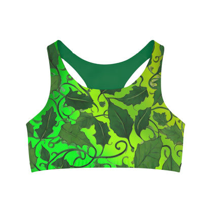 Green Vine Leaves Seamless Sports Bra, Comfortable Workout Bra, Leaf Print Yoga Top, Active Wear, Fitness Clothing - Printspirationz