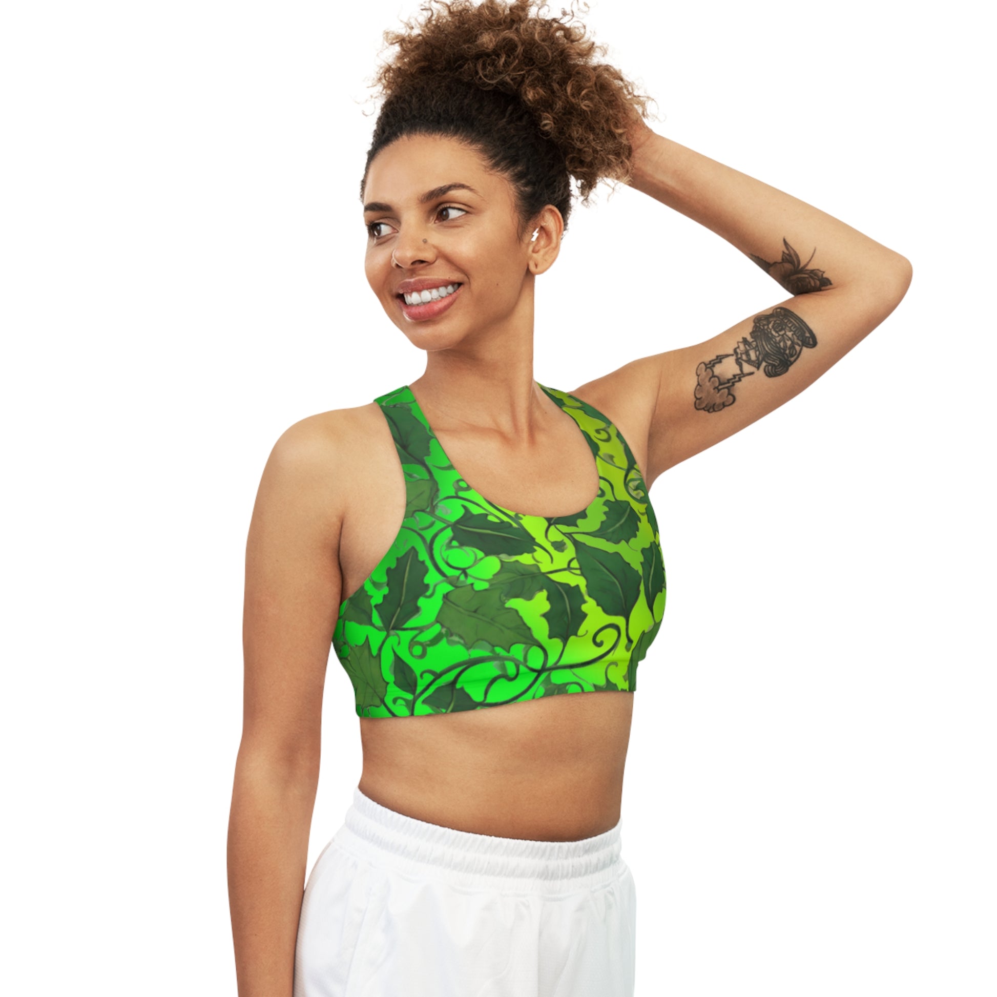 Green Vine Leaves Seamless Sports Bra, Comfortable Workout Bra, Leaf Print Yoga Top, Active Wear, Fitness Clothing - Printspirationz
