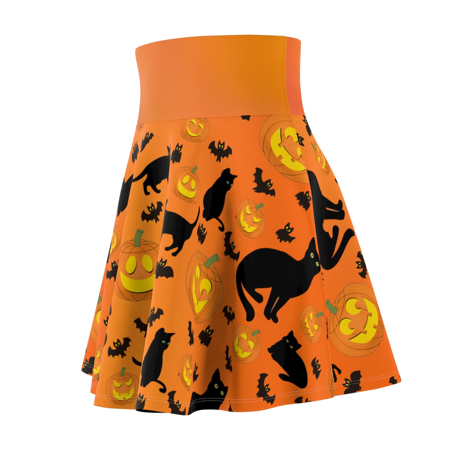 Halloween Skater Skirt - Orange Gradient Colored Versatile High Waist Ombre - Pumpkins, Bats, and Black Kitty Cats - Printspirationz
