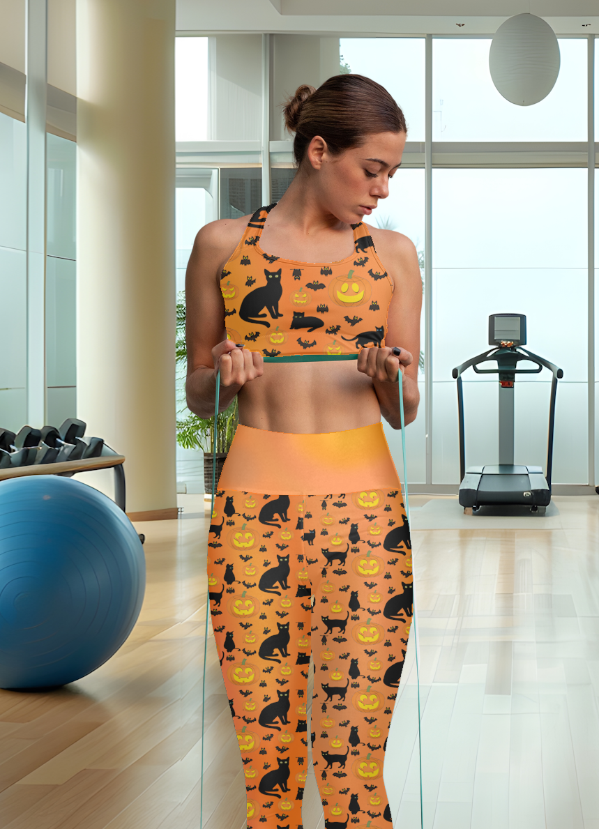 Halloween Yoga Leggings, Pumpkins, Bats, and Black Kitty Cats, Orange Haunted  Workout Pants, Fitness Costume Gym Activewear, Dance Clothes