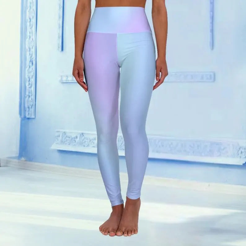 High Waist Yoga Leggings Vibrant Gradient Colored - Light Blue