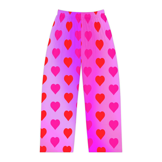 Pink Heart Print Women's Pajama Pants, Valentine's Day Lounge Sleepwear, Red Hearts on Pink Gradient, Cute PJ Bottoms, Cozy Nightwear - Printspirationz