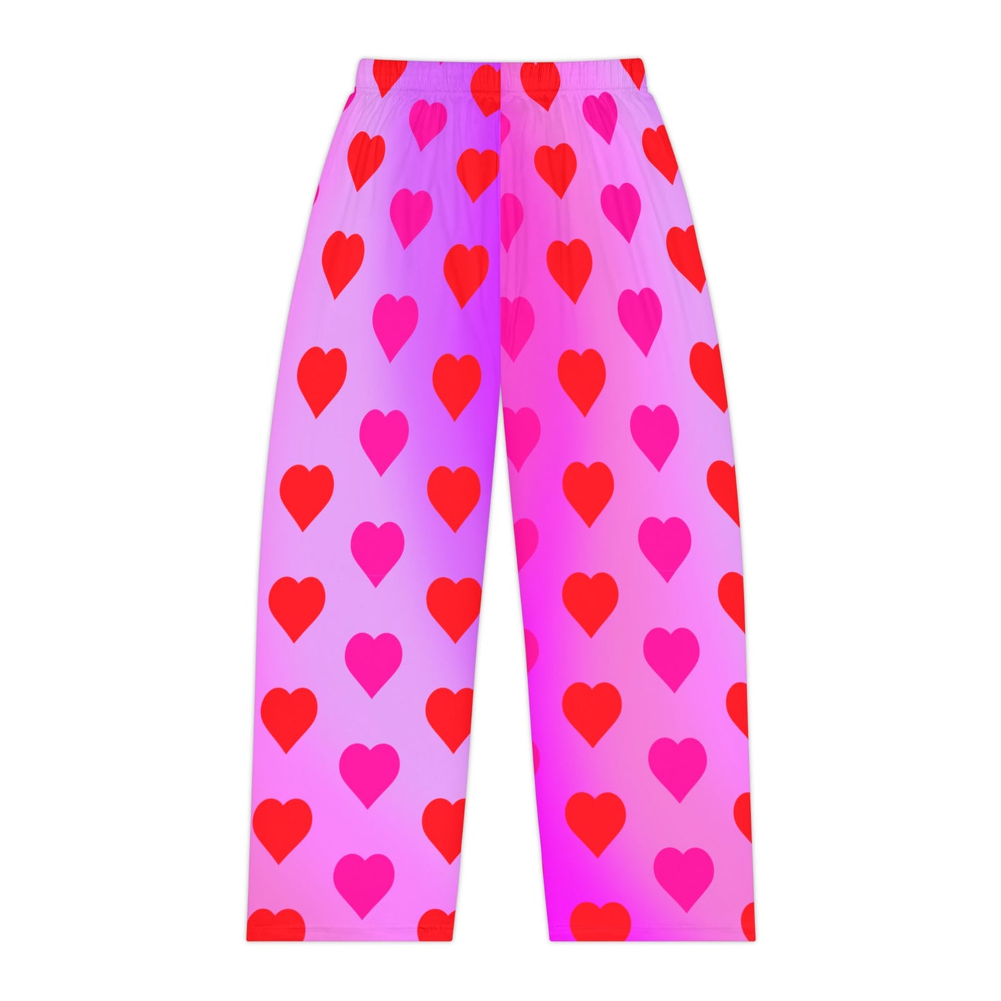 Pink Heart Print Women's Pajama Pants, Valentine's Day Lounge Sleepwear, Red Hearts on Pink Gradient, Cute PJ Bottoms, Cozy Nightwear - Printspirationz