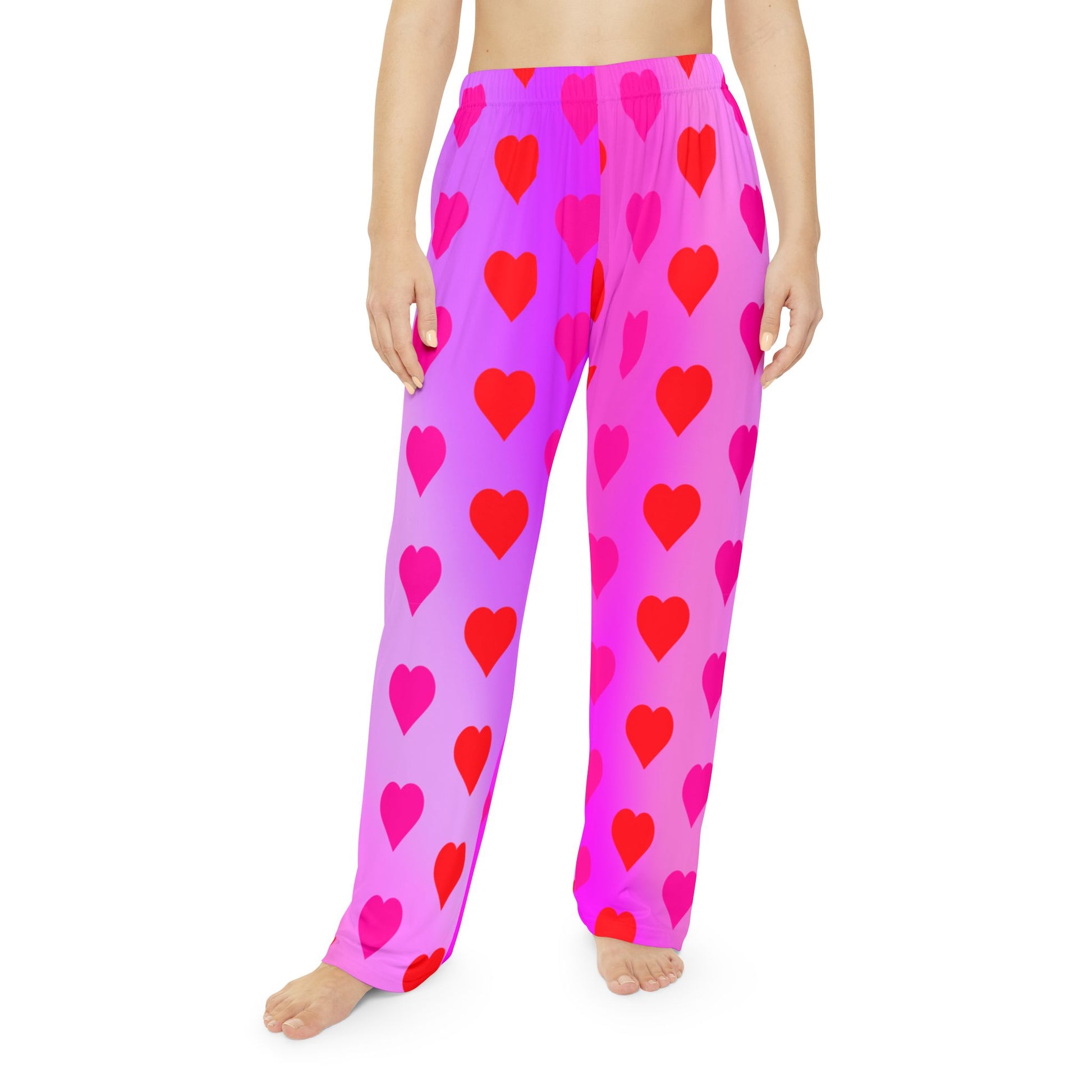 Pink Heart Print Women's Pajama Pants, Valentine's Day Lounge Sleepwear, Red Hearts on Pink Gradient, Cute PJ Bottoms, Cozy Nightwear - Printspirationz