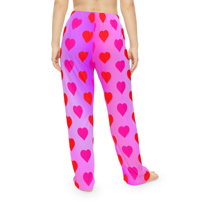Pink Heart Print Women's Pajama Pants, Valentine's Day Lounge Sleepwear, Red Hearts on Pink Gradient, Cute PJ Bottoms, Cozy Nightwear - Printspirationz