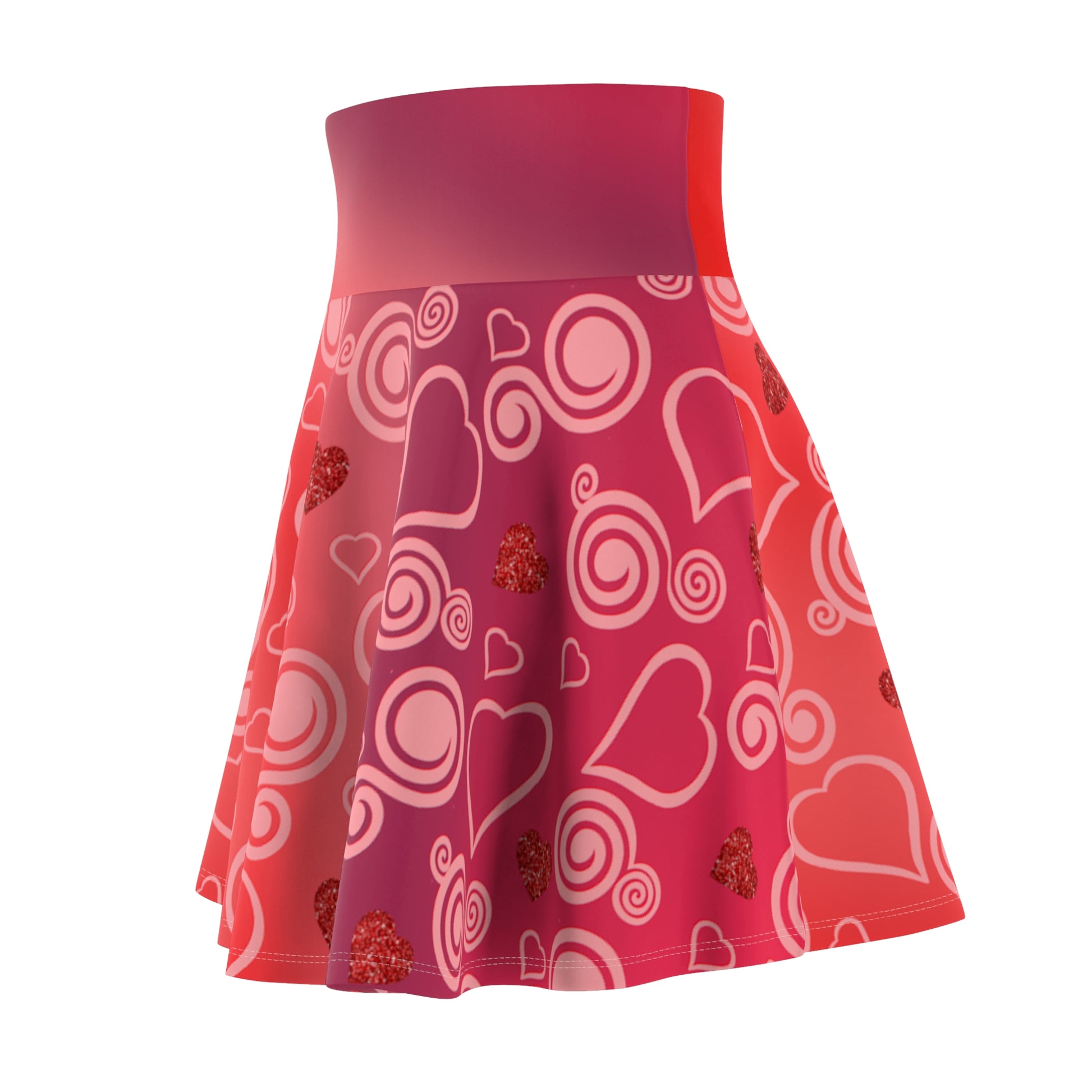 Red Gradient Colored, Hearts AND Swirls Skater Skirt - Versatile High Waist Ombre - Perfect for Mixing and Matching Colors (AOP) - Printspirationz