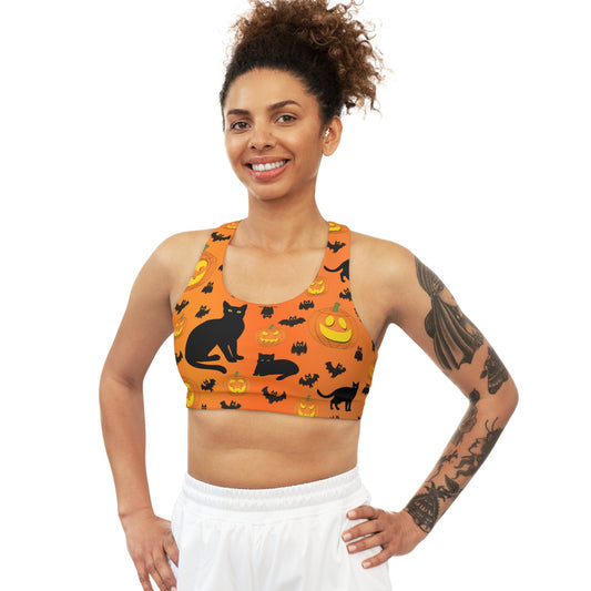 Sports Bra Halloween Pumpkins Bats Cat Print - Printspirationz