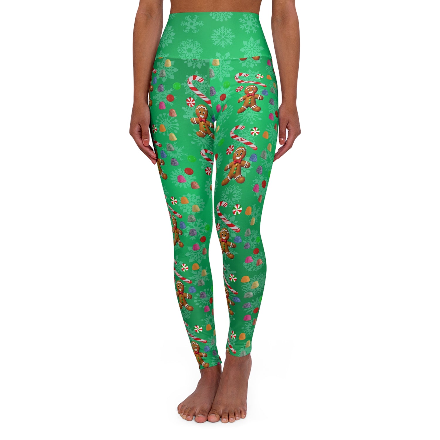 Yoga Leggings, Gingerbread Man Candy Design, Christmas Workout Apparel, Festive Holiday Activewear, Green Leggings, Fitness Leggings - Printspirationz