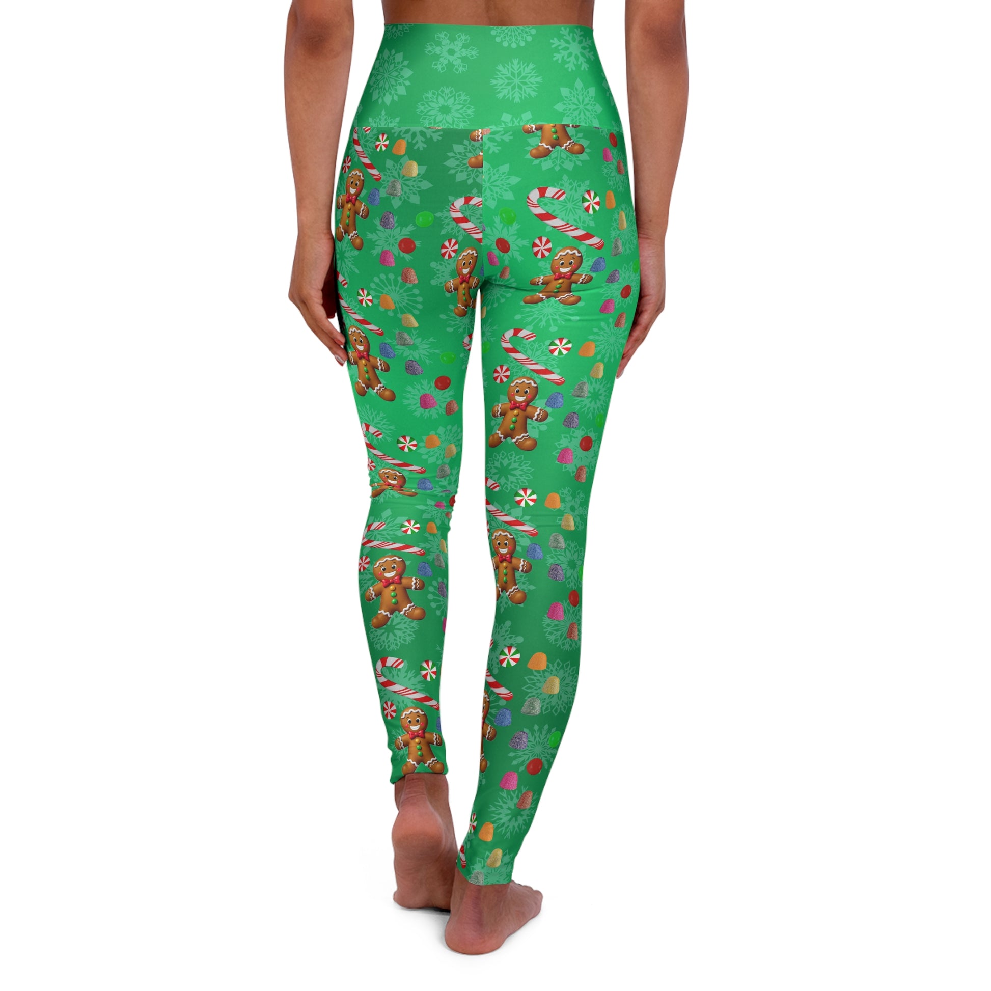 Yoga Leggings, Gingerbread Man Candy Design, Christmas Workout Apparel, Festive Holiday Activewear, Green Leggings, Fitness Leggings - Printspirationz