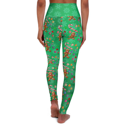 Yoga Leggings, Gingerbread Man Candy Design, Christmas Workout Apparel, Festive Holiday Activewear, Green Leggings, Fitness Leggings - Printspirationz