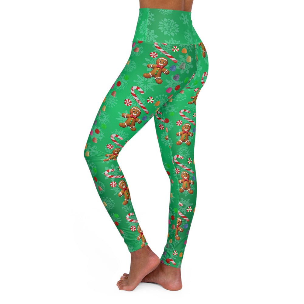 Yoga Leggings, Gingerbread Man Candy Design, Christmas Workout Apparel, Festive Holiday Activewear, Green Leggings, Fitness Leggings